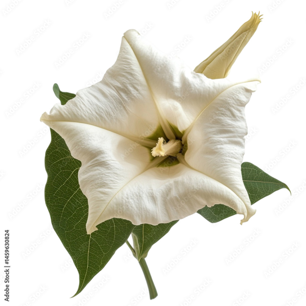 Delicate white flower with green leaves and bud isolated on black background