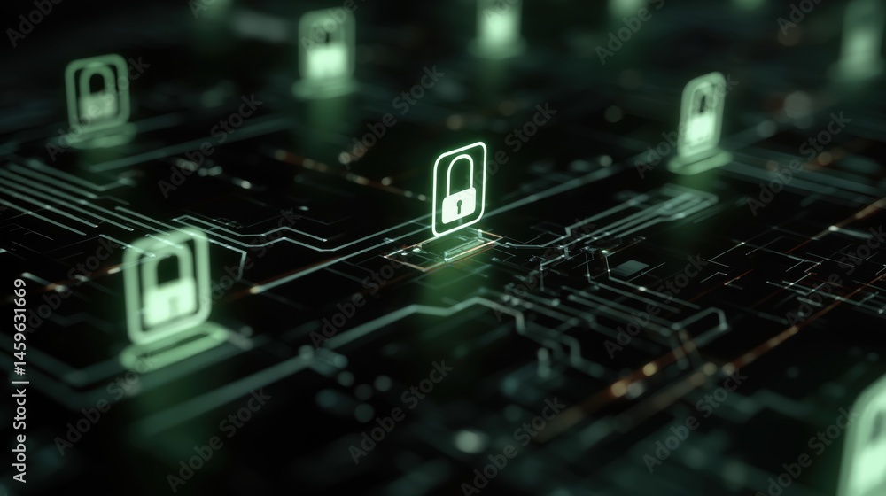 Fototapeta premium Cybersecurity pattern background with lock icons and circuits.