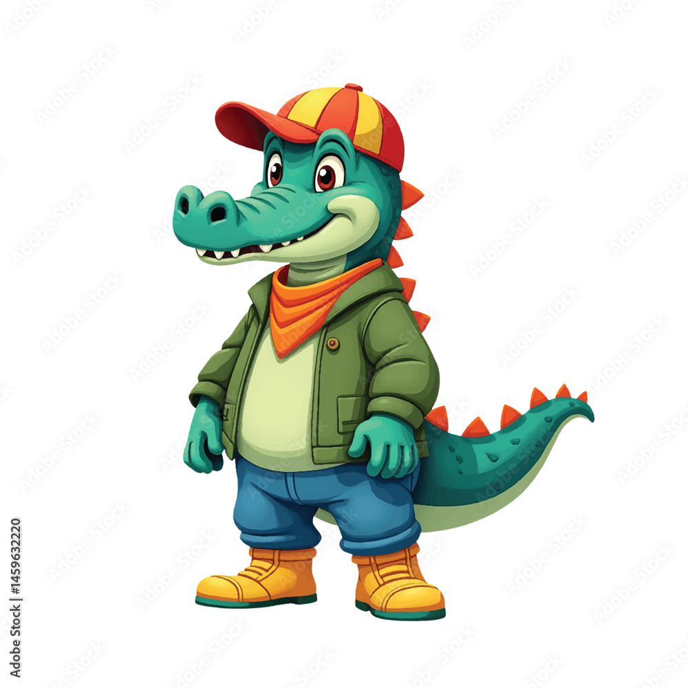 Obraz premium Cute Cartoon Alligator Character in Streetwear – Fun Reptile Mascot Wearing Jacket, Cap, and Boots
