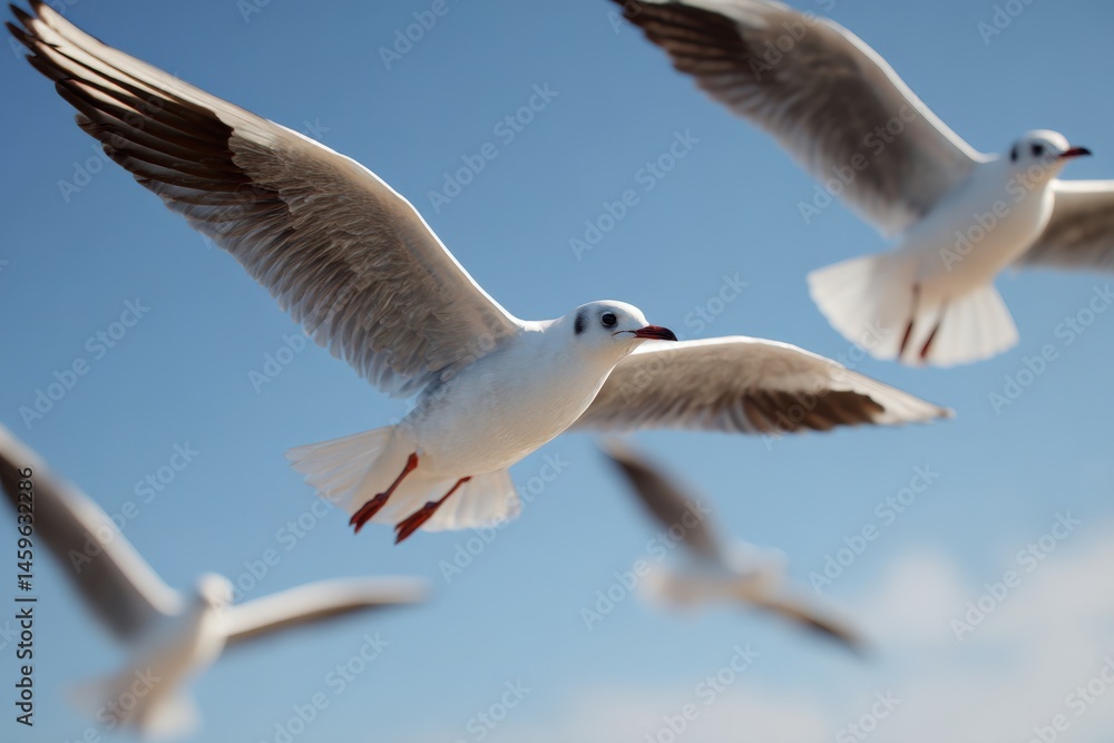 Obraz premium Seagulls in flight against a clear blue sky. Freedom and serenity.