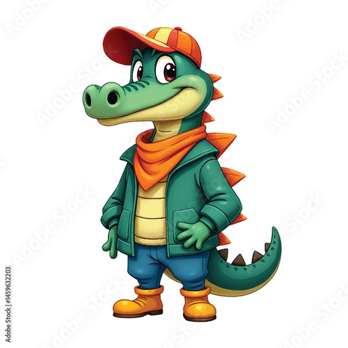 Cute Cartoon Alligator Character in Streetwear – Fun Reptile Mascot Wearing Jacket, Cap, and Boots"