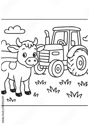 Coloring book cow stands next to a tractor in a field. Adorable line art for coloring  education kid