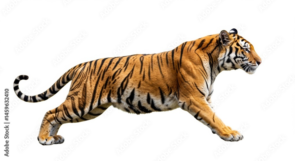 Fototapeta premium Majestic Tiger in Motion Isolated on White Background Displaying Powerful Grace and Striking Stripes for Wildlife and Conservation Projects or Educational Material