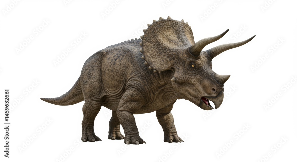 Fototapeta premium Majestic Triceratops Dinosaur Roaming in Prehistoric Era, A Detailed 3D Rendering of Extinct Herbivore with Horns and Bony Frill, Paleontology and Wildlife