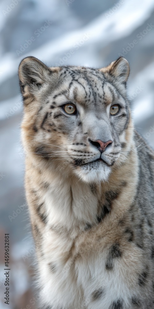 Fototapeta premium Snow leopard in natural habitat showcasing its distinctive spotted fur and intense gaze during a quiet moment in the wild