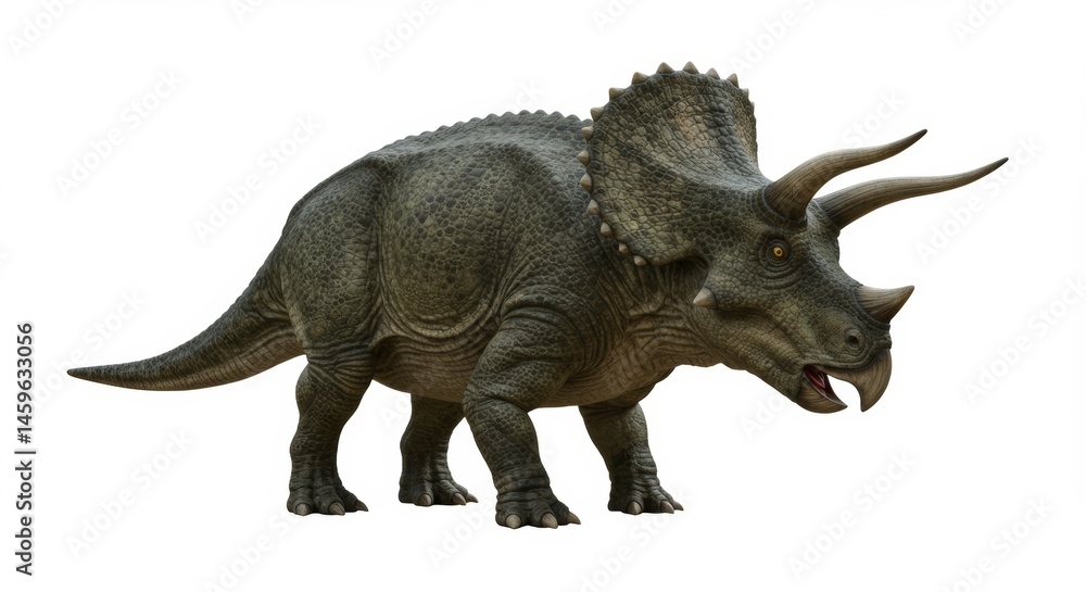 Obraz premium Majestic Triceratops Roaming in Prehistoric Landscape An Imposing Herbivore Dinosaur with Horns Frill a Powerful Symbol of the Cretaceous Era Wildlife