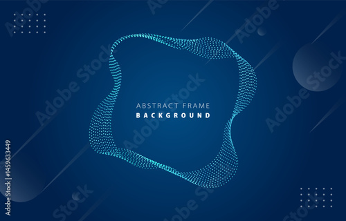 Futuristic metal cyan blue gradient dot wave frame vector blued Memphis background, dotted rotate line border digital dynamic elegant wavy flow spin round, technology web poster card print template