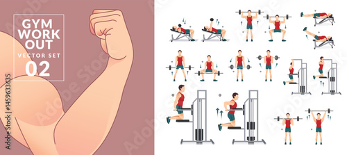 Gym Workout set. Men doing fitness exercises with Gym equipments.
