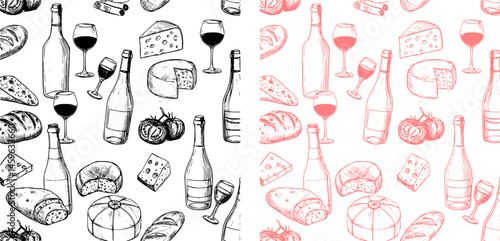 Vector monochrome red bar italia sketch illustration seamless pattern with bottles, wine glasses, bread, tomatoes and cheese. Perfect for fabric, restaurant menu and wallpaper projects
