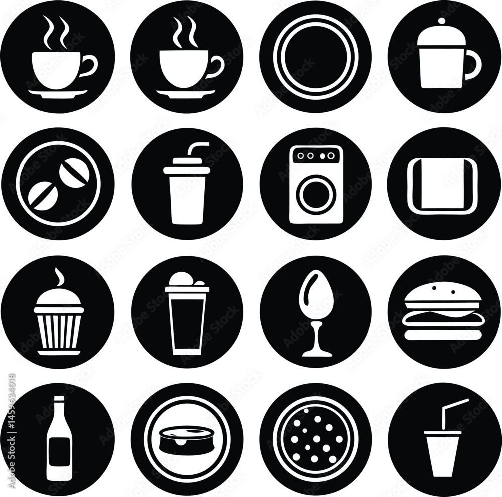 Food icons set vector design features a set of food and drink icons including coffee cup, tea mug, wine glass, beer, cocktail, espresso, cake, and other restaurant and cafe symbols Food icons set vector design features a set of food and drink icons including coffee cup, tea mug, wine glass, beer, cocktail, espresso, cake, and other restaurant and cafe symbols