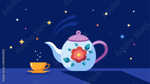 Starry Night Teapot Scene A charming teapot with a floral design sits on a kitchen countertop. As it pours small ling stars emerge from the spout creating a sparkling trail in the