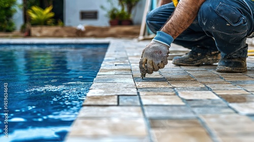 Worker installing patio stones around a pool