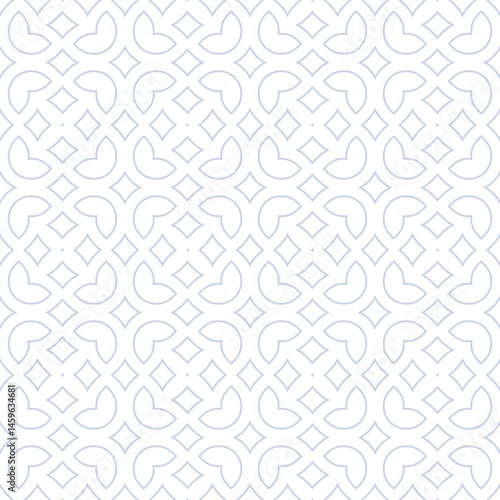 Subtle vector floral seamless pattern in arabesque style. Minimal texture with outline flowers, leaves, diamonds, curved lines. Abstract blue and white geometric background. Repeated ornamental design