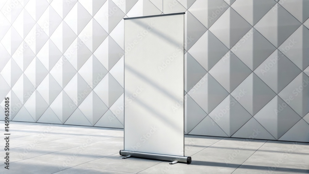 Roll up banner stand mockup in modern interior with geometric wall Roll up banner stand mockup in modern interior with geometric wall