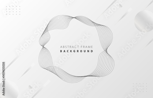 Futuristic black gradient dot wave frame vector white Memphis background, dotted grey silver rotate line border digital dynamic elegant wavy flow spin round, technology web poster card print template