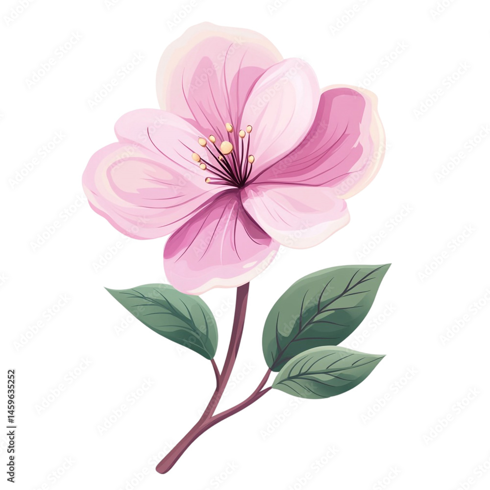 Delicate pink flower blossom with green leaves on a dark background a lovely floral illustration