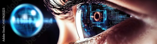 Human eye closeup with hologram elements for surveillance and digital ID verification. of a virtual