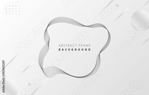 Futuristic black gradient dot wave frame vector white Memphis background, dotted grey silver rotate line border digital dynamic elegant wavy flow spin round, technology web poster card print template
