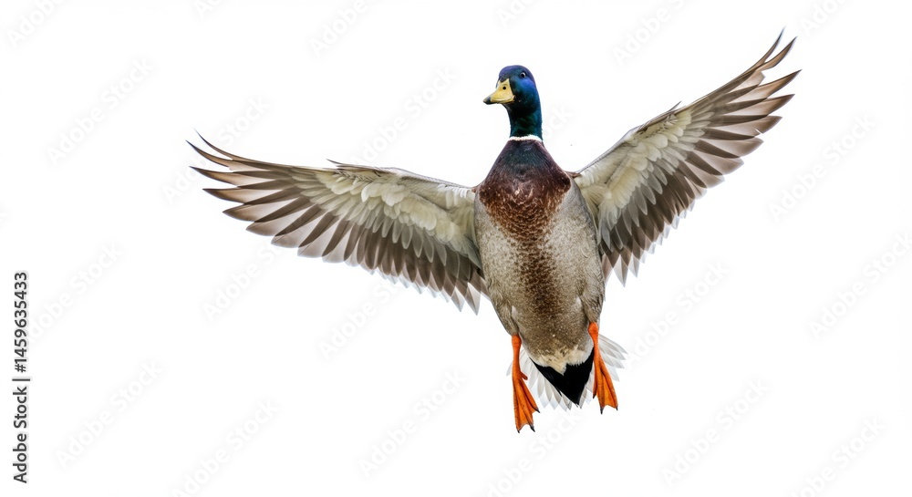 Obraz premium Mallard Drake in Full Flight Against a White Background Displaying its Colorful Plumage and Wing Span Offering a Sense of Freedom and Wildlife Majesty