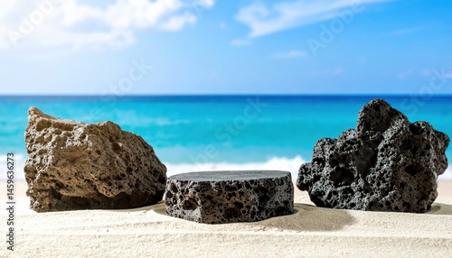 A smooth, weathered rock rests on a sandy beach, surrounded by gentle waves lapping at the shore, with seashells scattered nearby under a clear blue sky.
