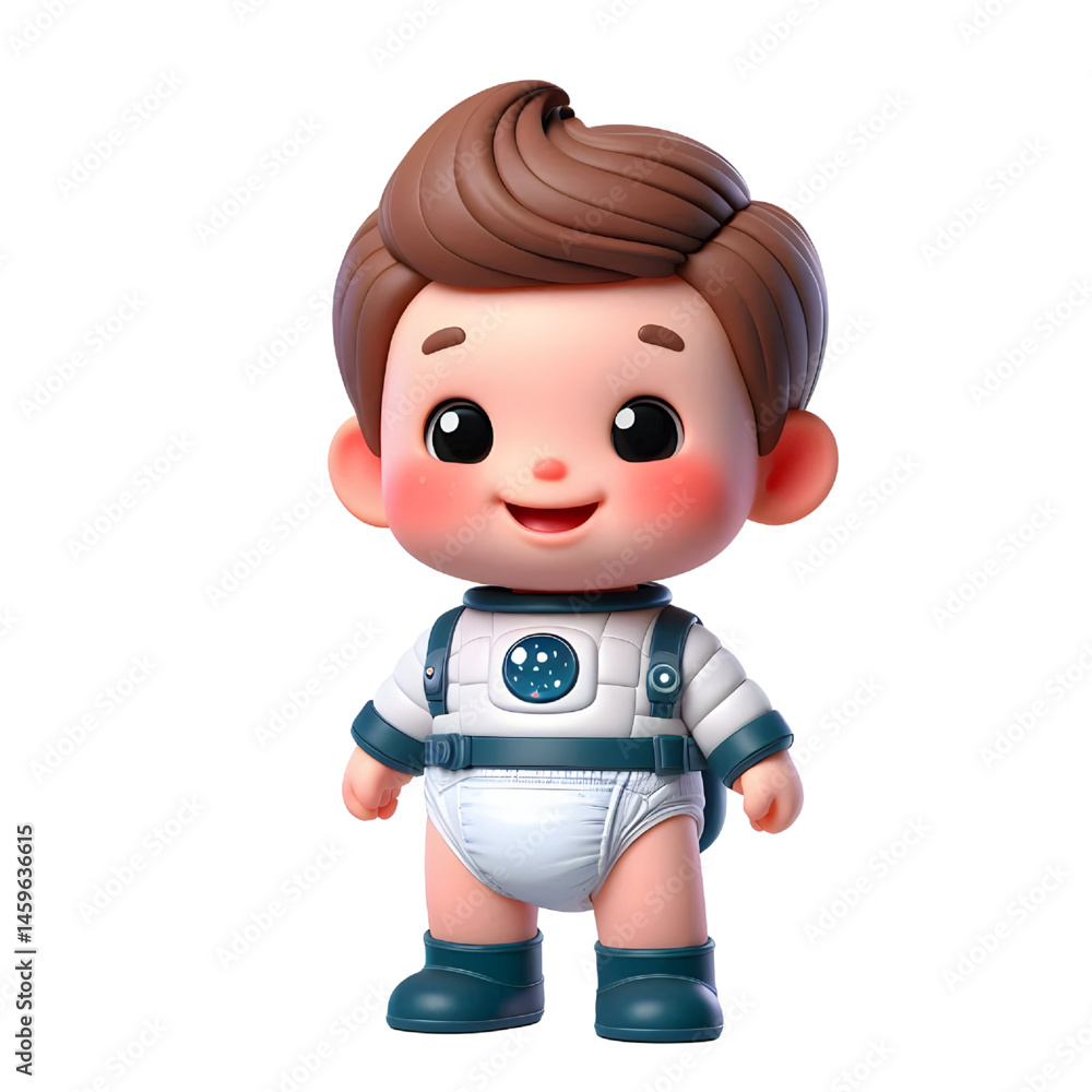 Cute baby character wearing diaper in space suit 3d illustration with smiling face isolated on white background Cute baby character wearing diaper in space suit 3d illustration with smiling face isolated on white background