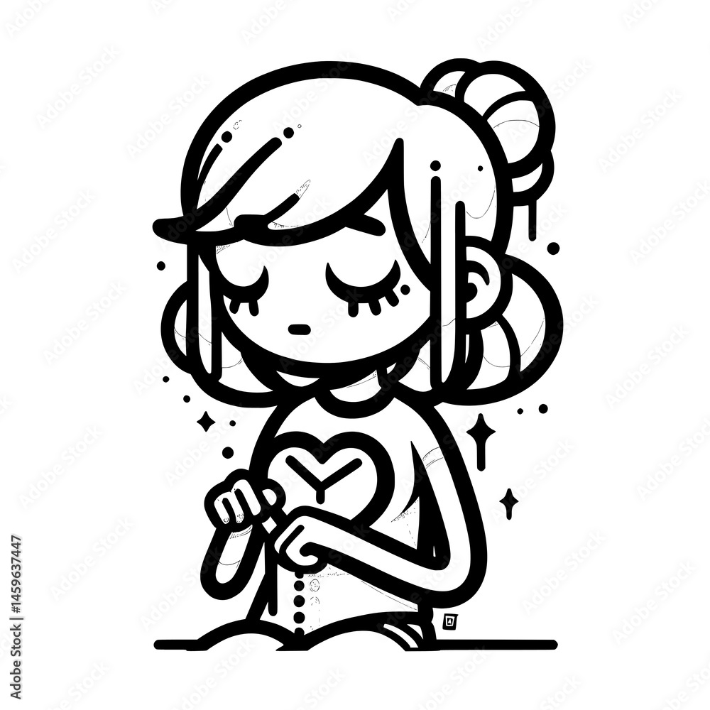 Cute Girl Sewing with Heart Design in Black and White Cute Girl Sewing with Heart Design in Black and White
