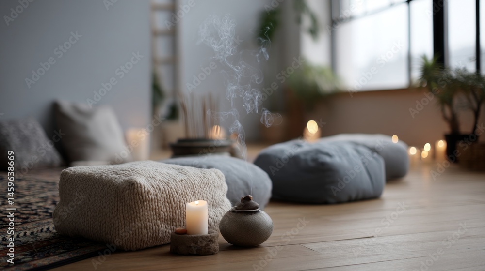 Soft candlelight casting warm glow over meditative space, gentle incense smoke rising, creating peaceful sanctuary for mindful reflection and inner calm