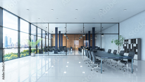Open office with a view from a large window interior. 3d illustration