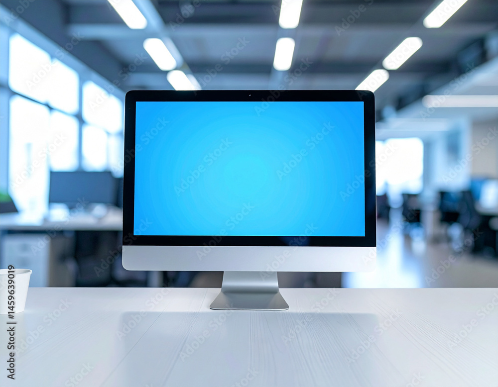 Una pantalla o monitor de ordenador con la pantalla vacía en azul sobre la mesa de una oficina luminosa y moderna Una pantalla o monitor de ordenador con la pantalla vacía en azul sobre la mesa de una oficina luminosa y moderna