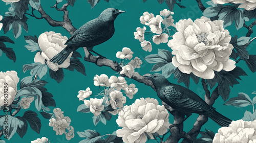 Fototapeta Naklejka Na Ścianę i Meble -  Teal background with detailed illustration of birds perched on flowering branchesÂ featuring peonies and other blossoms, showcasing nature's elegance and tranquility