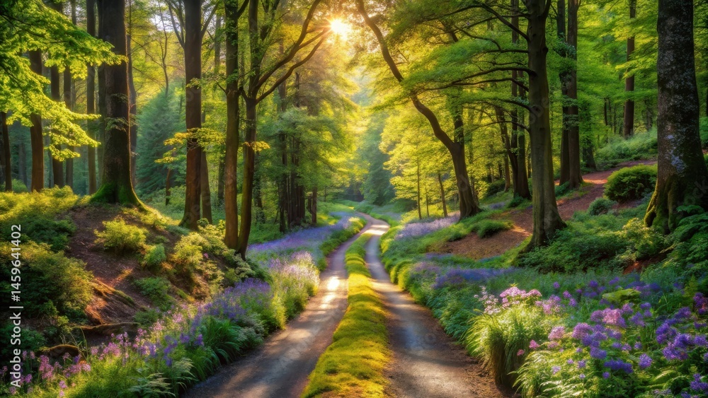 Obraz premium Sunlit Woodland Path Adorned with Vibrant Spring Blossoms, a Serene and Picturesque Scene of Natural Beauty