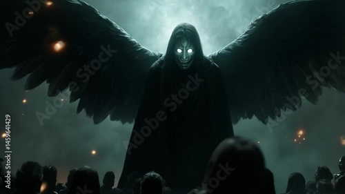 Image of a dark and scary winged creature with glowing eyes. Smooth repeating motion for background video animation
