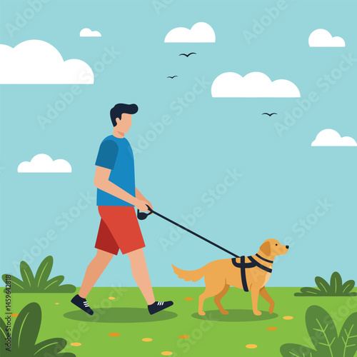 A vibrant vector illustration depicting a cheerful man walking his dog in a lush park, surrounded by greenery, flowers, and a sunny sky with scattered clouds, symbolizing leisure, activity, and tranqu