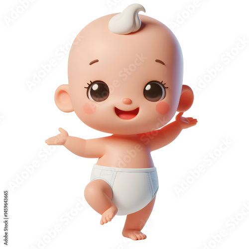Cute baby character wearing diaper standing on one leg 3d with smiling face isolated on white background