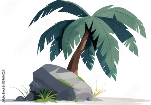 A stylized palm tree stands tall beside a weathered rock, offering a tranquil glimpse of a tropical scene.