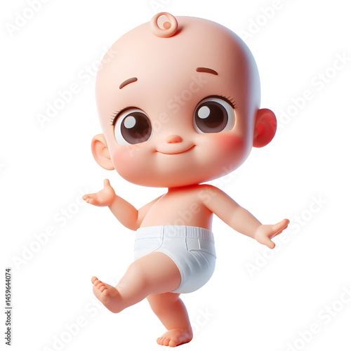 Cute baby character wearing diaper standing on one leg 3d with smiling face isolated on white background