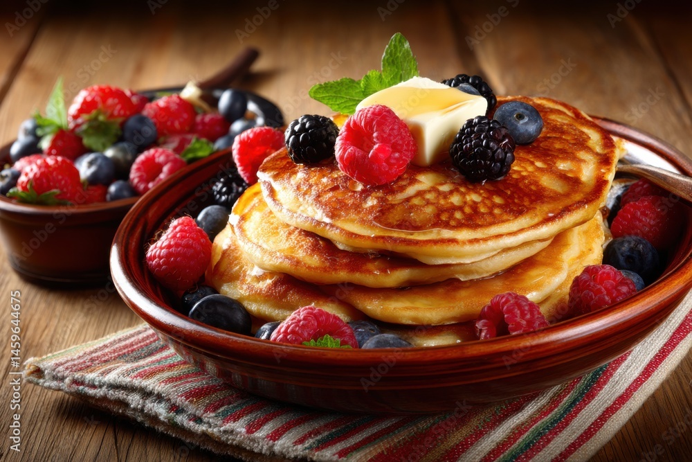 A stack of golden pancakes with fresh berries, butter, and syrup on a wooden table, served with blueberries, raspberries and blackberries and mint leaf. A stack of golden pancakes with fresh berries, butter, and syrup on a wooden table, served with blueberries, raspberries and blackberries and mint leaf.