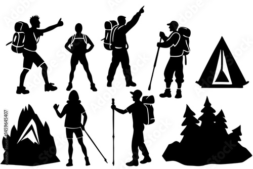 Seven hikers silhouette in various poses hiking adventure vector art, hiking, hikers, group, silhouette, adventure, outdoor, trekking, travel, recreation, nature, backpacking, mountain, walking
