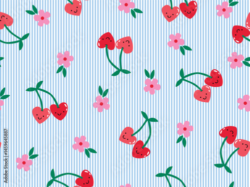 RED HEART CHERRY SEAMLESS PATTERN WITH PINK PERIWINKLE FLOWERS ON BLUE STRIPE BACK GROUND IDEAL FOR KIDS WEAR, SLEEPWEAR, PAJAMA, WALLPAPER, WRAPPING PAPPER IN VECTOR FILE