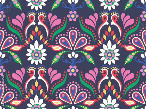 COLORFUL FLORAL SEAMLESS PATTERN FOLK FLORAL, SALVI PATTERN, MEXICAN PATTERN, ORNAMENTAL, SPANISH, ETHNIC BACKGROUND MEDITERRANEAN SEAMLESS WALLPAPER, EMBROIDERY IN VECTOR