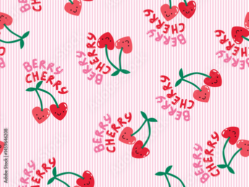 RED HEART DOODLE TWIN CHERRY SEAMLESS PATTERN WITH CHERRY BERRY TEXT ON PINK STRIPE BACK GROUND IDEAL FOR KIDS WEAR, SLEEPWEAR, PAJAMA, WALLPAPER, WRAPPING PAPPER IN VECTOR FILE