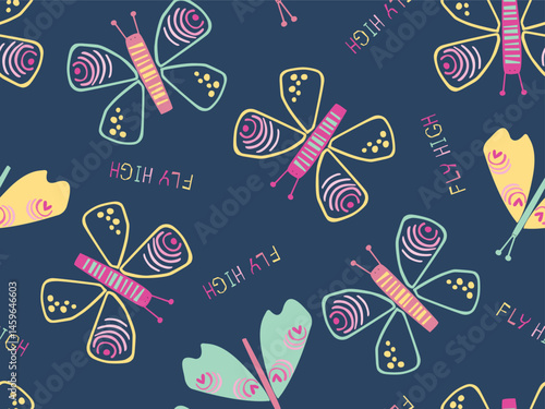 COLORFUL DOODLE CUT OUTT BUTTERFLY SEAMLESS PATTERN IN DARK BACKGROUND IDEAL FOR KIDS WEAR, SLEEP WEAR, PAJAMA, WALLPAPER, WRAPPING PAPPER IN VECTOR FILE