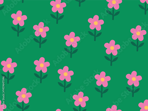 BRIGHT PINK FLORAL SEAMLESS PATTERN ON TEAL GREEN BACKGROUND IDEAL FOR KIDS WEAR, SLEEPWEAR, PAJAMA, WALLPAPER, WRAPPING PAPPER IN VECTOR FILE