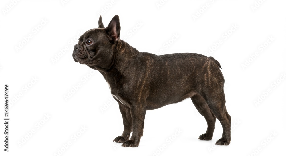 Fototapeta premium Side View of a Brindle French Bulldog Standing Alert on White Backdrop with Erect Ears and Wrinkled Face, a Charming Canine Companion with a Muscular Build for Pet Lovers