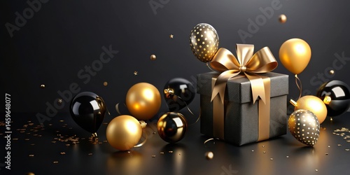 Elegant Dark Gift Box with Gold Accents and Balloons for a Special Celebration