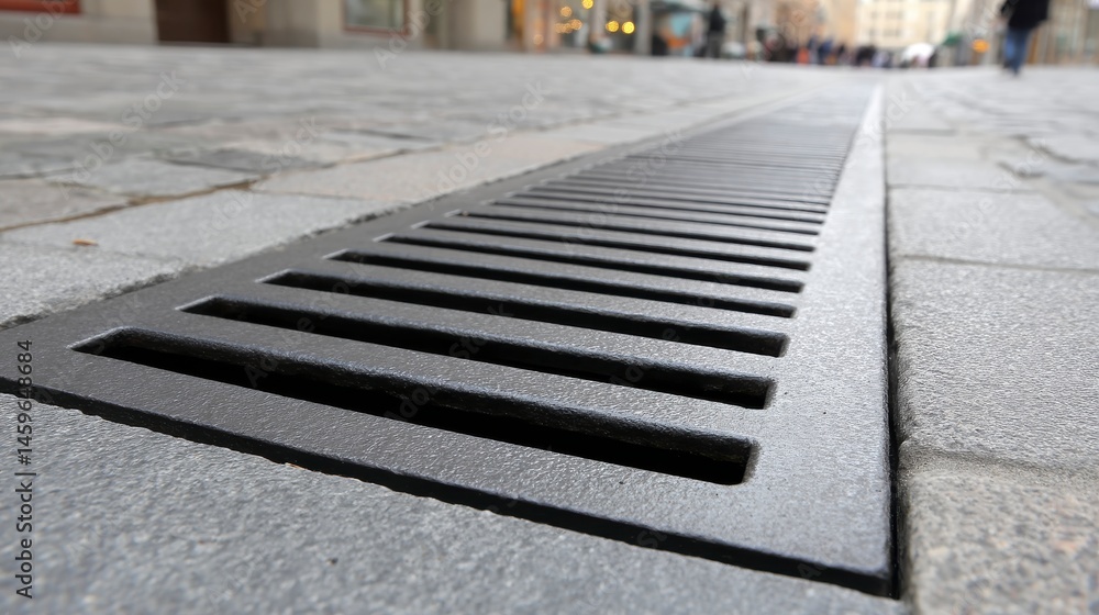 Fototapeta premium Close-up View of a Metallic Grate on a Cobblestone Street Surface with Rain Water Accumulation in an Urban Setting