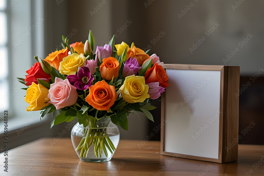 Fototapeta premium Vibrant Spring Bouquet in Glass Vase with Blank Frame