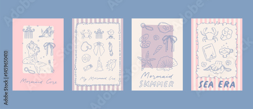 Whimsical trendy wall art poster collection. Mermaidcore aesthetic card set. Hand drawn line art illustrations. Perfect for cards, digital wallpaper, background, summer party invitation. Fun and cute