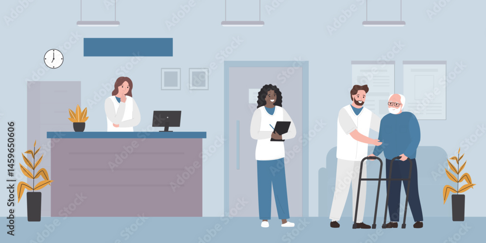 Admission process at hospital receptionist. Doctor and patient at clinic. Nurse helping elderly man. Hospital hall interior. Characters making appointment at medical center. Admission process at hospital receptionist. Doctor and patient at clinic. Nurse helping elderly man. Hospital hall interior. Characters making appointment at medical center.