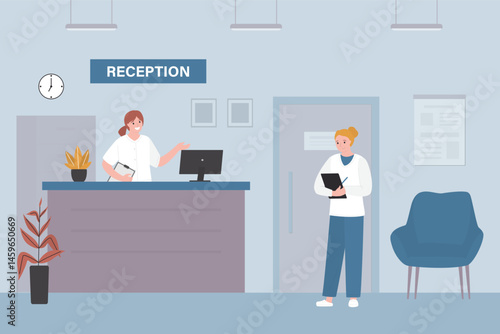 Hospital reception waiting room with seats, door and desk. Woman doctor and nurse in clinic corridor. Lobby, medical clinic hall interior with furniture. horizontal banner.